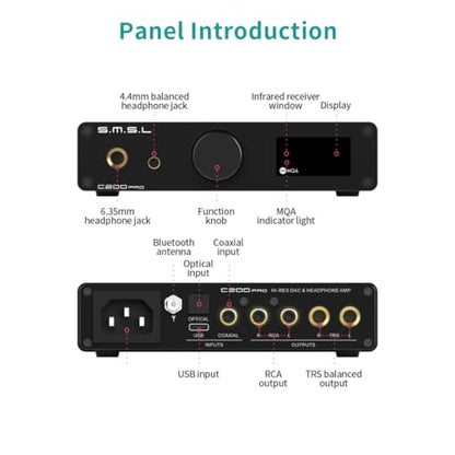 SMSL C200PRO MQA MQA-CD DAC & Headphone Amplifier ES9039Q2M Chip Gaming DAC | Blutooth5.1 USB2.0/1.1 for PS4/PS5/SW/PC Home Audio 6.35mm&4.4mm HP USB/Optical/Coaxial/BT Input 4 dual op amps OPA1612A
