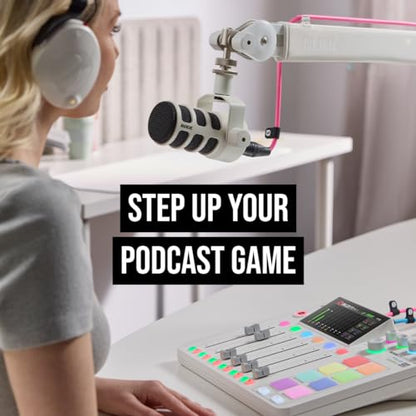 Rode RODECaster Pro 2 White Bundle with 4x PodMic Dynamic Mics, 4 PSA1+ White Boom Arms, 4 Cans50 Headphones, XLR Cables — 9-Channel APHEX Console for Podcasting, Streaming