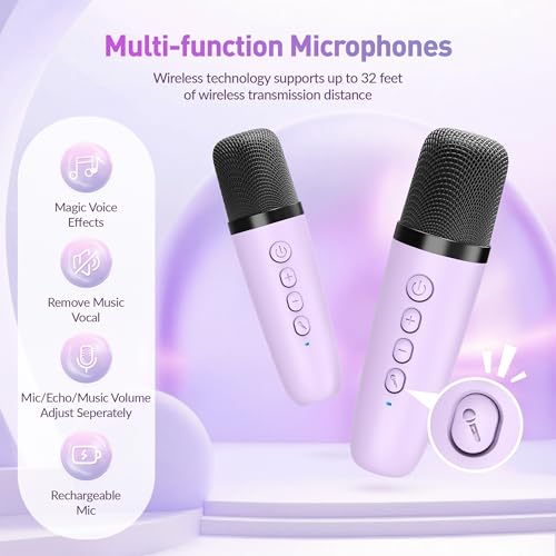 Karaoke Machine,Mini Portable Karaoke Speaker with 2 Wireless Microphones - color: Purple