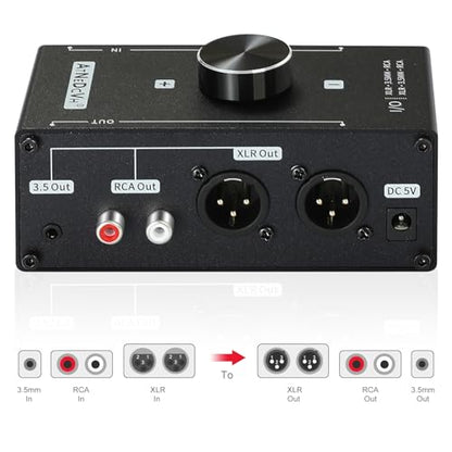 Stereo Audio Preamplifier - XLR Balanced RCA 3.5mm Input to XLR Balanced RCA 3.5mm Output Converter Adapter amp - Headphone Amplifier, Gain 20dB Phono Turntable Phonograph Preamp (Black)