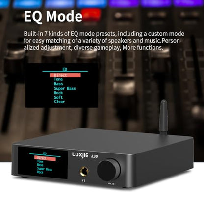 LOXJIE A30 Desktop Stereo HiFi Audio Power Amplifier & Headphone Amplifier, Infineon's MA12070 Chip Class D Amp, ES9023 DAC Chip, USB/Optical/Coaxial/RCA/Bluetooth 5.0 Input (with Remote Control)