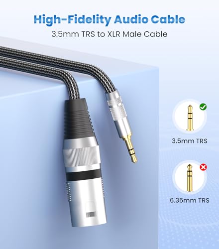Tisino Male XLR to 3.5mm TRS Mini Jack Unbalanced Microphone Cable, 6.6 FT | 3.5mm TRS to XLR Male Interconnect Cable for Phone Laptop to PA System, HiFi OFC Shielded Pro Audio Braid Mic Cord - size: 6.6 feet