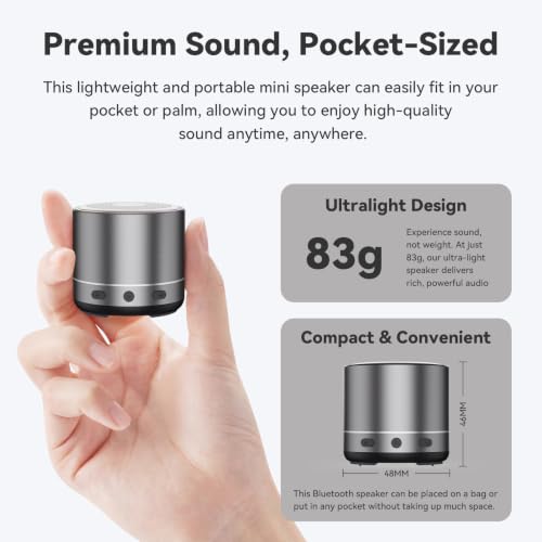 Mini Bluetooth Speaker, 2026 Ultra-Light Mini Bluetooth Speaker, IP7 Waterproof Brief Design, Small Shower Travel Speaker for Outdoor, 8H Playtime, Perfect for Backpacking, Bike, Beach & Gift Gray