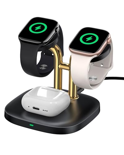 3 in 1 Dual Watch Wireless Charger Stand for Apple Watch Ultra/11 & AirPods | Dual magnetic watch charging, 5W Fast watch charge, Ergonomic design, Chrome plated plastic stand, Multi safety guard, 704A - color: Black & Gold