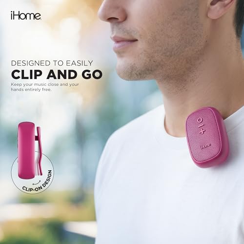 iHome Nano Clip-On Wireless Bluetooth Speaker with Magnetic Clip | Bluetooth 5.3, IPX6 Water-Resistant, Touch Controls, 5W, 2.5-hr Playtime, Charging Cable Included, Rechargeable Battery - color: Pink