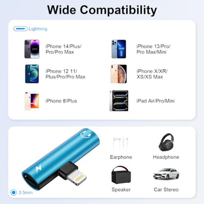 [Apple MFi Certified] Lightning to 3.5mm Headphone and Charger Adapter | 2-in-1 Lightning to Aux Jack Adapter & Fast Charger iPhone Dongle Audio Splitter for iPhone 14 13 12 11 Pro XR XS Max X 8 7 6 - color: Blue
