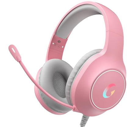 syndesmos CM7002 Gaming Headset for PS5, PS4, PC, Mac, Switch, Xbox Series, Surround Sound RGB Gaming Headphones with Noise Canceling Microphone, 50MM Dynamic Drivers, 3.5MM Audio Jack, Light Pink - color: Light Pink