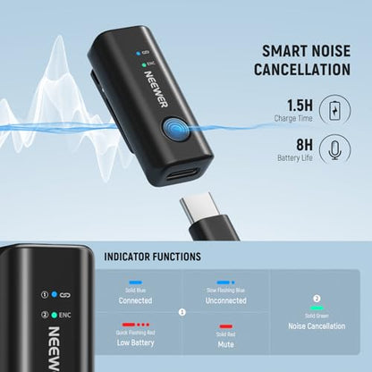 NEEWER KM23B Wireless Lavalier Microphone Bluetooth App Control, Compatible with iPhone Android Phone 8Hrs Battery Vocal Enhancement Noise Cancellation Volume Adjustment Low Cut for Streaming Vlogging
