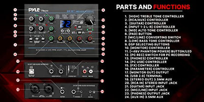 Pyle USB Audio Interface - MIC/LINE - Guitar - AUX Stereo & RCA Inputs - Preset 24 Digital Effects - Phantom Power - Phone/Stereo/Monitor/Headphone Outputs - For Computer Playing & Recording - PMUX9 - style: Interface Digital