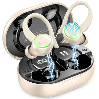 Wireless Earbuds, Bluetooth 5.4 Headphones Sports, 50H Playback Over-Ear buds with ENC Noise Cancelling Mic, Deep Bass Earphones with Earhooks, IP7 Waterproof Headset for Running Workout Off-white - color: Off-white