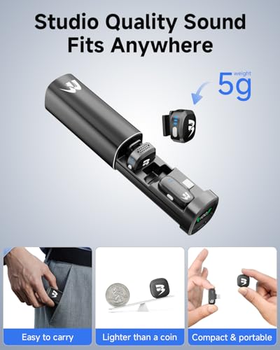 2 Pack Wireless lavalier Microphone,Mini Microphone (Lightning/USB C) Ai Noise Cancelling Hi-Fi studio-quality with Charging Case, Plug-and-Play 160ft Compact Clip-on Mic for iPhone, Android，iPad