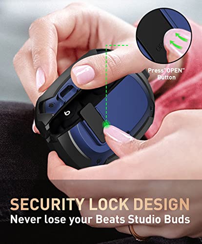 Compatible Beats Studio Buds 2021/Buds+ Case 2023, [Secure Lock] Cool Beats Studio Buds Plus Protective Cover with Keychain&Cleaner kit for New Beats Studio Ear Buds Case - Black/Blue - color: Black/Blue+Pen
