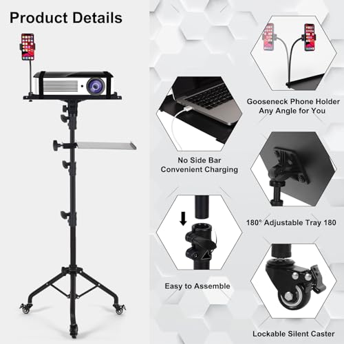 Tossbiss Laptop Tripod on Wheels with 2 Shelves | Portable Projector Floor Stand Adjustable Height 25.9 to 51.8 Inch with Phone Holder, Projector Stand