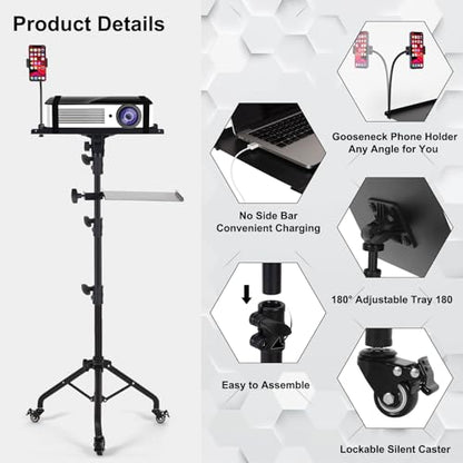 Tossbiss Laptop Tripod on Wheels with 2 Shelves | Portable Projector Floor Stand Adjustable Height 25.9 to 51.8 Inch with Phone Holder, Projector Stand