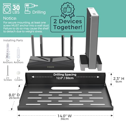 Router Shelf Wall Mount Foldable - 14" Width for Router and Modem | Fold Up Metal Shelf w/Cable Hole & Heat Vents | Space-Saving Holder for WiFi Devices/TV Box (14" W×8" D, Black) - color: Black (14-inch)
