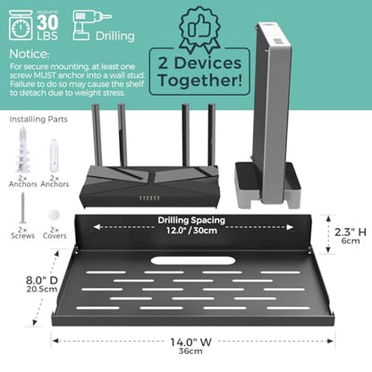 Router Shelf Wall Mount Foldable - 14" Width for Router and Modem | Fold Up Metal Shelf w/Cable Hole & Heat Vents | Space-Saving Holder for WiFi Devices/TV Box (14" W×8" D, Black) - color: Black (14-inch)
