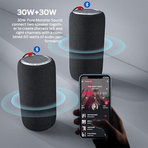 Monster S310 Upgraded Bluetooth Speaker, 30W Portable Speaker, 360° Stereo Sound with Punchy bass, TWS Pairing, IPX6 Waterproof, Bluetooth 5.2, 24H Playtime, Perfect for Home, Outdoor, Beach, Black