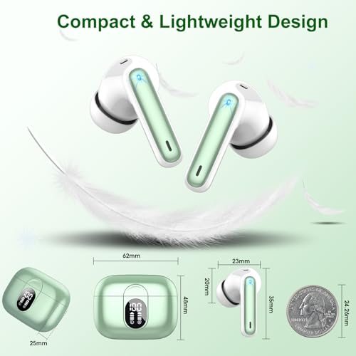 Wireless Earbuds, 2025 Bluetooth Headphones 5.3 HiFi Stereo Earphones, 40H Playtime in-Ear Earbud, Bluetooth Earbud with LED Power Display, IP7 Waterproof Earphones Sport Headset for Android iOS - color: Green
