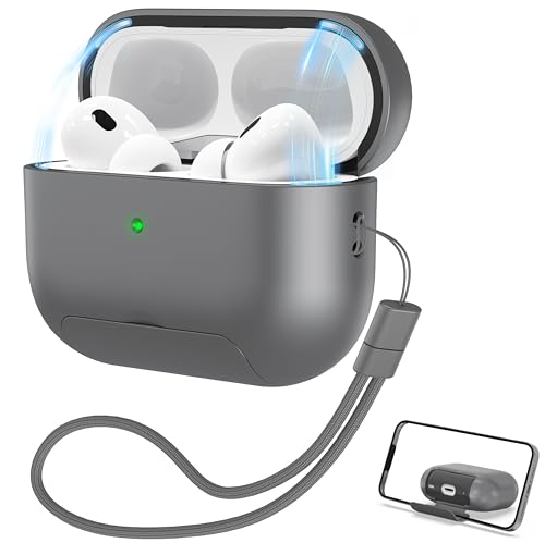 RFUNGUANGO AirPods Pro 2 Case with Magnetic Lid Phone Stand, Grey | Compatible with AirPods Pro 2nd/1st Generation, Wireless Charging Compatible with Cleaning Kit & Lanyard - color: WCW-Grey, size: AirPods Pro 2nd/1st Case