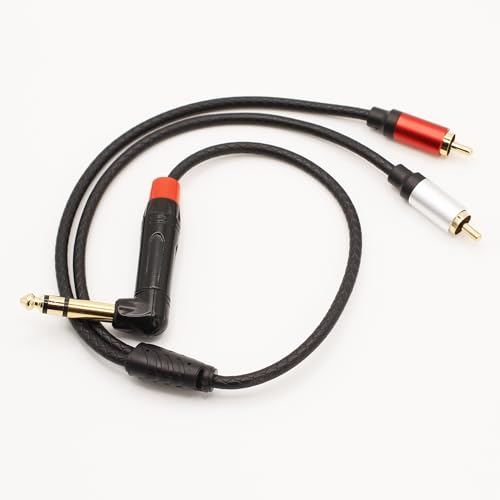 1/4 inch to Dual RCA Audio Cable 1.6ft, Gold Plated Right Angle 6.35mm Quarter inch Male TRS Stereo Plug to 2 RCA Phono Male Audio Y Splitter Cable,0.5m