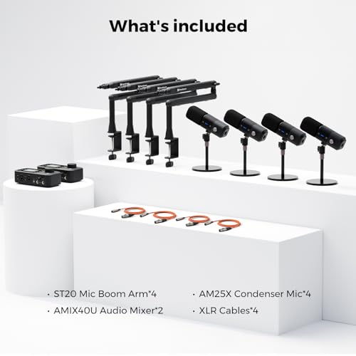 NearStream PodKit Quad Podcast Equipment Bundle for Group Podcast/Stream | Audio Setup with 4 Podcast Microphones, 2 Audio Interfaces, 4 Mic Boom Arms, 4 XLR Microphone Cables - style: PodKit Quad