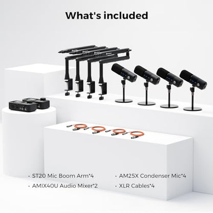 NearStream PodKit Quad Podcast Equipment Bundle for Group Podcast/Stream | Audio Setup with 4 Podcast Microphones, 2 Audio Interfaces, 4 Mic Boom Arms, 4 XLR Microphone Cables - style: PodKit Quad