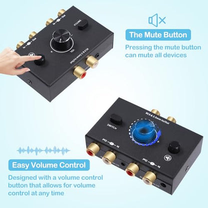 RCA 3.5mm Port 1 in 2 Out / 2 in 1 Out Bi-Directional Audio Switcher, 2-Way Stereo L/R Sound Channel Speaker Headphone Audio Switch Selector Splitter Box