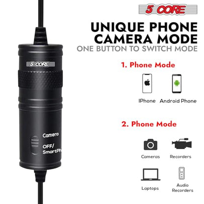 5 CORE Microphone Professional Lavalier Mic Wearable Omnidirectional Condenser 3.5mm Body Lapel Smartphone Camera Recording Microfono - CM 001