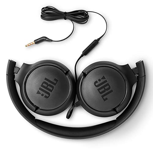JBL Tune 500 - Wired On-Ear Headphones - Black | JBL Pure Bass Sound, 1-button remotemic, Lightweight and foldable design, Tangle-free flat cable, Ask Siri or Google Now