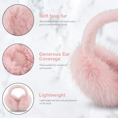 Earmuffs for Women Girls Faux Fur Fuzzy Headband Foldable Ear Covers Cold Weather Accessory - color: Light Pink