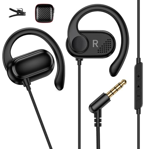 Open Ear Wired Earbuds 3.5mm Headphone with Mic Right Angled Ear Hook Black | In Line Control Hifi Stereo AUX 3.5mm Jack Sport Corded Earphone for iPod CD Player Android Phone Travel Airplane Work School