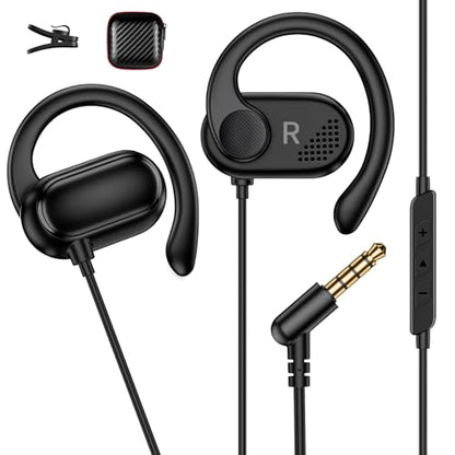 Open Ear Wired Earbuds 3.5mm Headphone with Mic Right Angled Ear Hook Black | In Line Control Hifi Stereo AUX 3.5mm Jack Sport Corded Earphone for iPod CD Player Android Phone Travel Airplane Work School