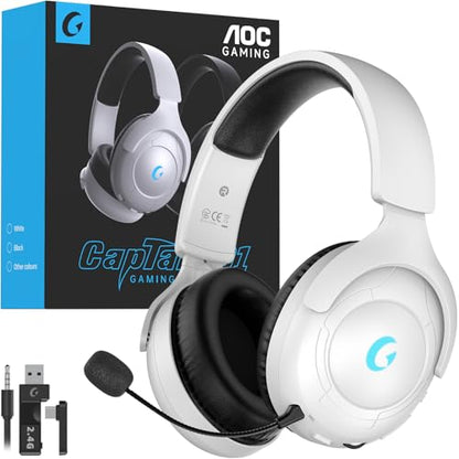 AOC Wireless Gaming Headset for PS5, 2.4GHz Gaming Headphone with Mic | 45H Playtime, Immersive Surround Sound, Noise Cancelling Game Headset for PS5, PC & Switch, Xbox with 3.5mm Cable - White