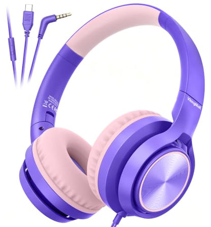Kids Headphones for School Travel with Upgrade USB C&3.5MM Jack - color: Purple