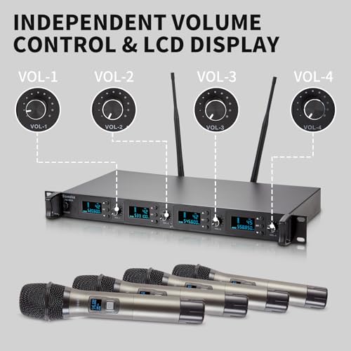 Wireless Microphone System, 4-Channel UHF Wireless Mic, Fixed Frequency Metal Cordless Mic with 4 Handheld Dynamic Microphones, 200ft Range, Mics for Singing, Church (4 Handheld) - size: 4 Handheld