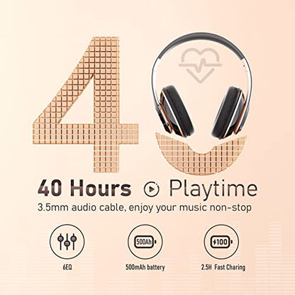 Bluetooth Headphones Over Ear, 6S Wireless Headphones Wired with 6 EQ Modes, 40 Hours Playtime Foldable HiFi Stereo Headset with Microphone, FM/TF for Cellphone/PC/Work (Black & Gold) - color: Black & Gold
