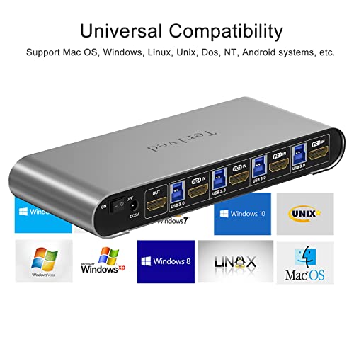 HDMI KVM Switch 4 in 1 Out with Hotkey Mouse Switching, Audio Mic Support, 4K@60Hz, USB 3.0 Hub, Digital Display, Terived Aluminum KVM with Cables Included - style: 4 Computers 1 HDMI Monitor USB 3.0