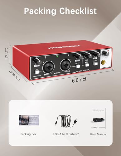 HOSONGIN 초보자를 위한 USB 오디오 인터페이스 - 24비트/192kHz, 48V 팬텀 파워, 팟캐스트/보컬/기타/유튜브, PC/맥/iOS 호환 플러그 앤 플레이 녹음, 뉴 레드 메탈)