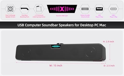Computer Speakers for Desktop PC, USB Soundbar for Laptop with Loud Sound