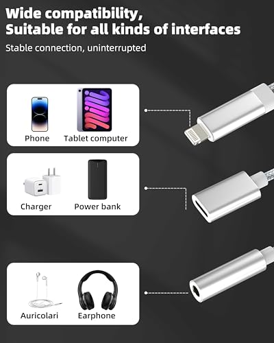 for iPhone Aux Adapter Lightning to 3.5mm Headphone Jack Dongle (2in1) 14 13 11 Pro Max Lighting Charger Wired Earphone Adaptor Cable for Ipad Audio Cord Splitter Car Power Charging Connector