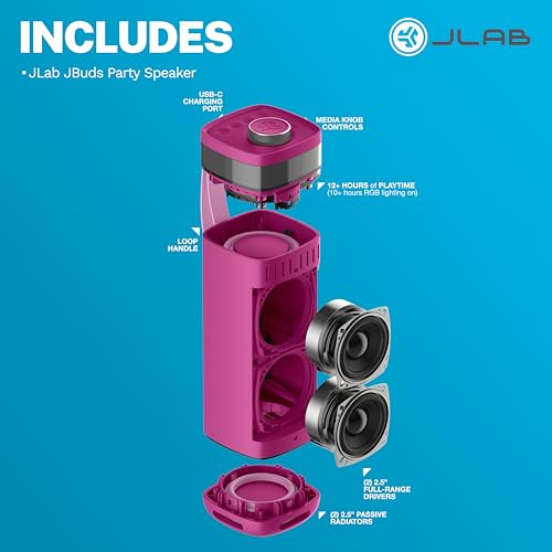 JLab, JBuds Party, Portable Bluetooth Speaker, Waterproof Outdoor Speaker, RGB Lighting, Multi-Speaker Connect, Mulberry - color: Mulberry