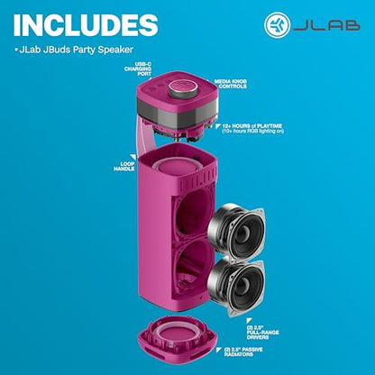 JLab, JBuds Party, Portable Bluetooth Speaker, Waterproof Outdoor Speaker, RGB Lighting, Multi-Speaker Connect, Mulberry - color: Mulberry