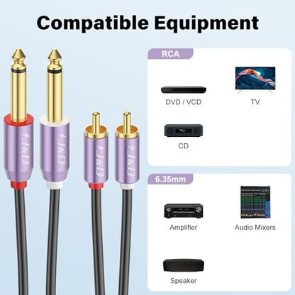 J&D Dual 1/4 inch TS to Dual RCA Cable, Purple Aluminum Alloy Shell Gold Plated 2x6.35mm Male TS to 2 RCA Male Adapter Interconnect Cable for Mixer Amplifier Speaker, 6 Feet - size: 6 Feet