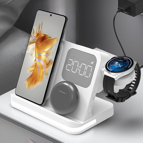 AYI 4in1 Multi Functional Wireless Charging Station with Digital Alarm Clock 15W Fast Charger Night Light Wireless Charger for All Qi Phone and Earbud Headphone Compliant with i-Watch-B22 White - color: Wireless Charger B22 White