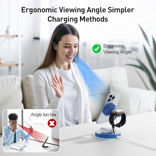 【Adjustable Blue Ambient Light】 Wireless Charger 3 in 1 for iPhone, Magnetic Charging Station for Apple Family,15W Fast MagSafe Charger Stand,for iPhone17-12-iWatch AirPods Series - color: Blue