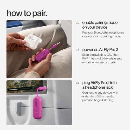 Twelve South AirFly Pro 2, Bluetooth Adapter, Pair 2 AirPods, Fuchsia Ice | Pair 2 AirPods or Wireless Headphones – 3.5mm AUX Bluetooth Transmitter and Receiver for Cars, Boats, Treadmills, TVs & More - color: Fuchsia Ice, style: AirFly Pro 2