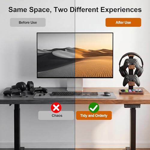 2-in-1 Solid Wood Headset Stand with Dual Game Controller Holder | Gaming Headphone Stand with Storage Base, 6 Joystick Sponge Rings and 8 Thumb Grips Gaming Equipment Accessories for Desk