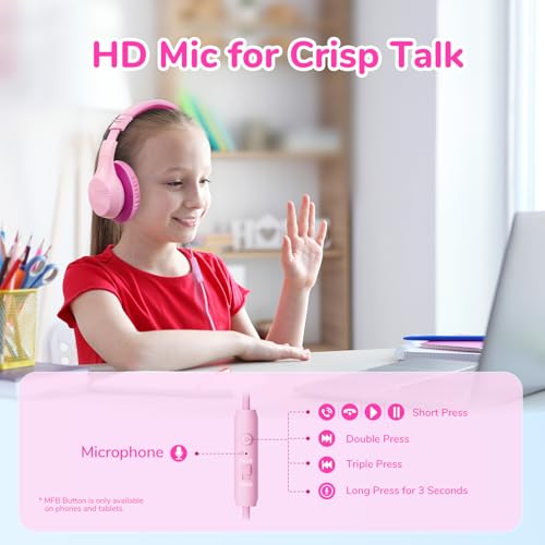 EarFun K3 Kids Headphones, Over Ear Headphones with Microphones, 85/94dB Safe Volume Limit, HD Stereo Sound, 3.5mm Jack, Foldable Wired Headphones for School/Travel/Boys/Girls/Tablet/iPad, Pink | Built-in Mic, 85/94dB Volume Limit, HD Stereo Sound, 3.5mm