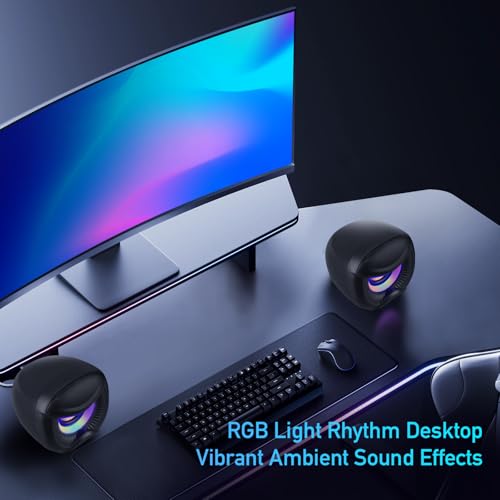 Elimavi USB Computer Speakers, 3.5mm Aux Speaker and USB Powered Interface are Suitable for Desktop Laptop Monitor, Owl Eye Design, Includes a USB-C Adapter, Colorful Lights - style: Colorful lights