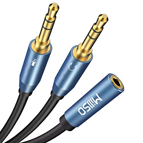 Headset Splitter Cable 3.5mm 2 Male to 1 Female Headphone Adapter | Premium PVC, Sapphire Blue, Metal Shell, Separate Microphone and Headphone Jack for Gaming Headset to PC - 12 inch / 30 CM - color: Blue